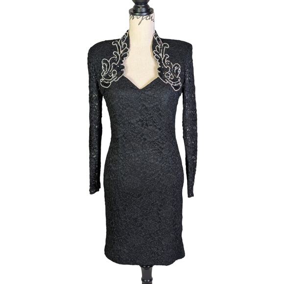 Betsy & Adam Dresses & Skirts - Vintage 80s Betsy & Adam Black Lace Beaded Cocktail Party Dress USA